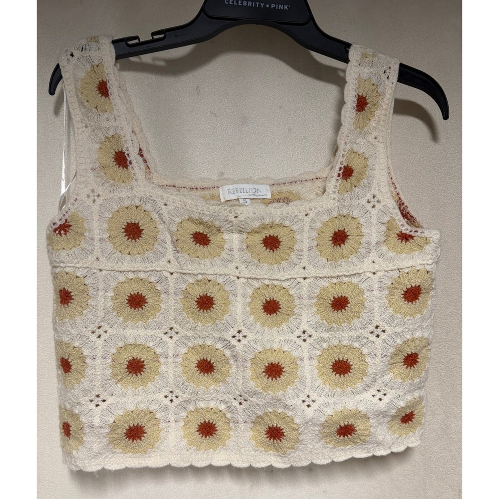 Rebellion Again Crochet Sunflower Granny Square Crop Tank Top Cream Yellow S